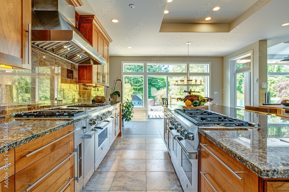 Fototapeta premium Newly renovated kitchen boasts bright wood cabinets with granite counter tops