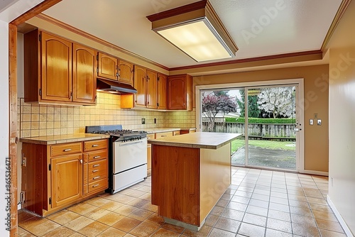 Newly renovated kitchen boasts bright wood cabinets with granite counter tops