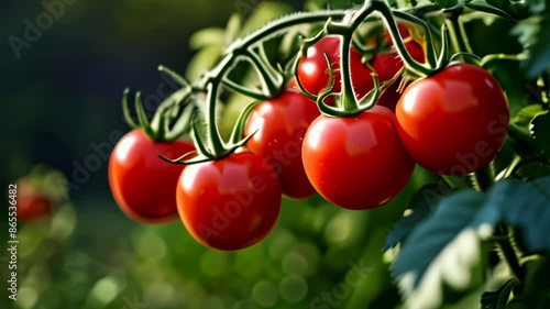  Bright red cherry tomatoes hanging from the vine