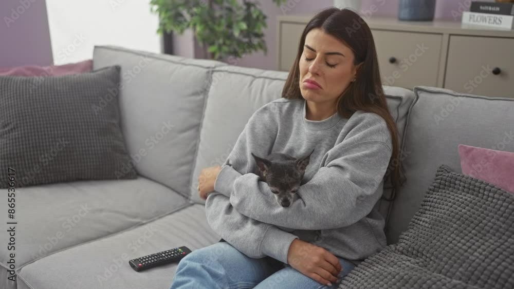 A young hispanic woman holds a chihuahua dog affectionately while sitting in her cozy living room indoors. A young hispanic woman holds a chihuahua dog affectionately while sitting in her cozy living room indoors.