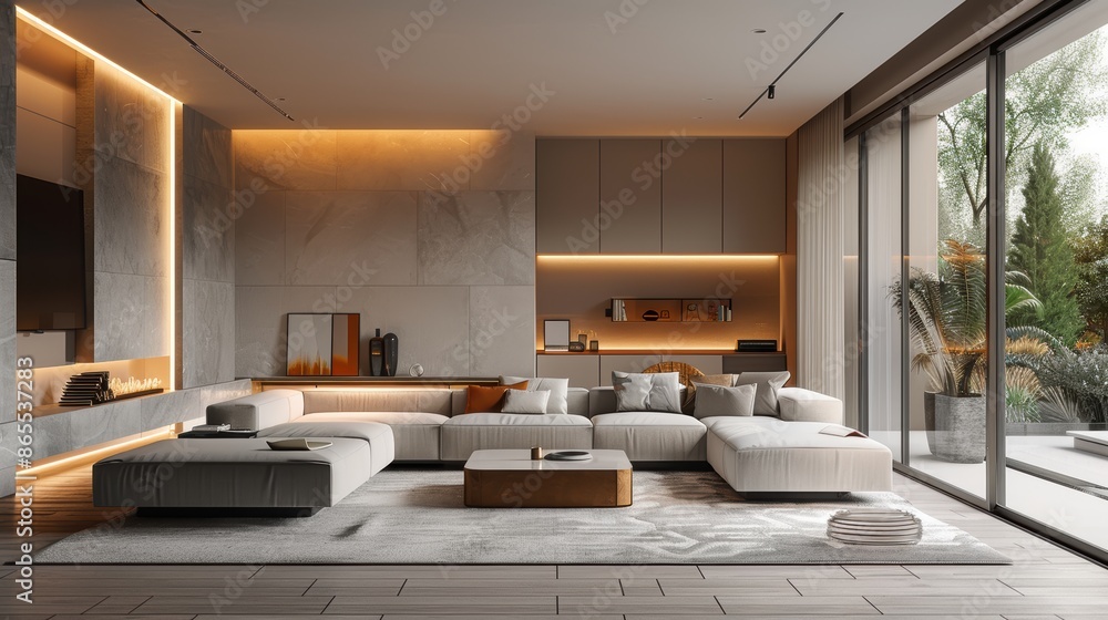 Fototapeta premium An elegant living room designed in a contemporary style, featuring minimalist furniture and a subdued color palette. The space is well-lit and uncluttered, with plenty of room for customization and