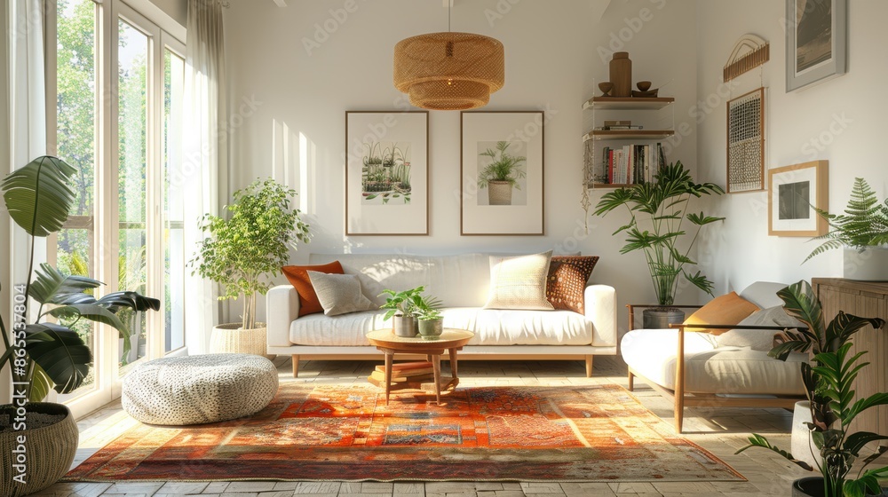 A cozy eclectic living room featuring a mix of furniture styles and decor items, all arranged in a minimalist and inviting manner. The space offers ample copy space for adding text or graphics, A cozy eclectic living room featuring a mix of furniture styles and decor items, all arranged in a minimalist and inviting manner. The space offers ample copy space for adding text or graphics,