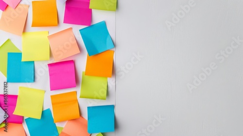 Colorful sticky notes arranged on white surface with empty space on right side. Ideal for business planning, office organization, or creative brainstorming background photo