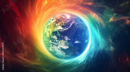 A vibrant, colorful energy vortex surrounds a realistic Earth, representing the power and beauty of our planet. © Quality Photos