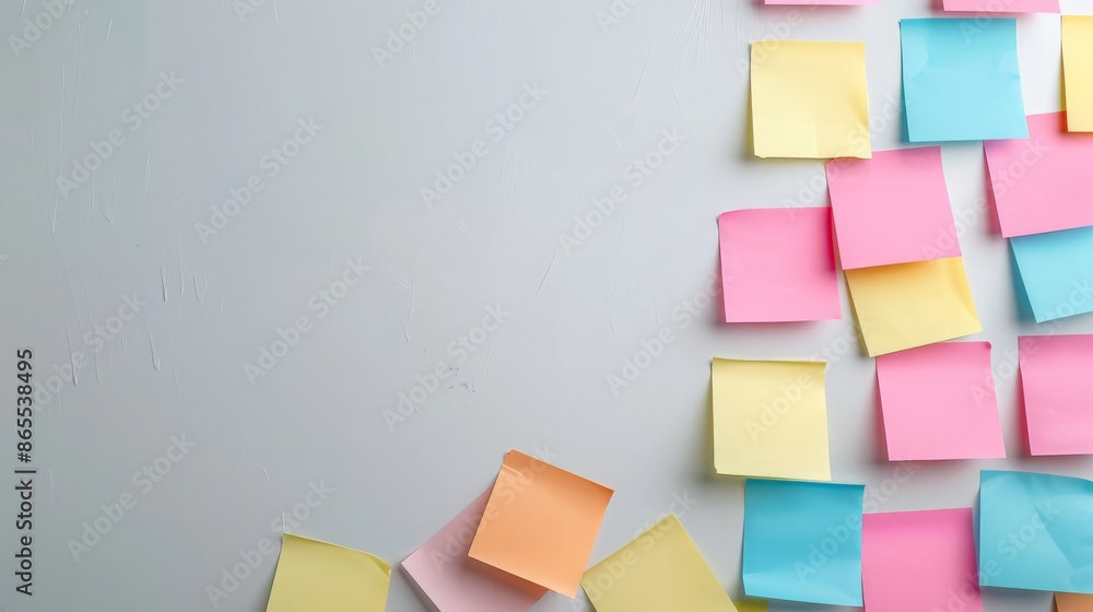 Bright sticky notes on textured white wall with ample space for text. Suitable for business planning, office organization, or creative brainstorming themes Bright sticky notes on textured white wall with ample space for text. Suitable for business planning, office organization, or creative brainstorming themes
