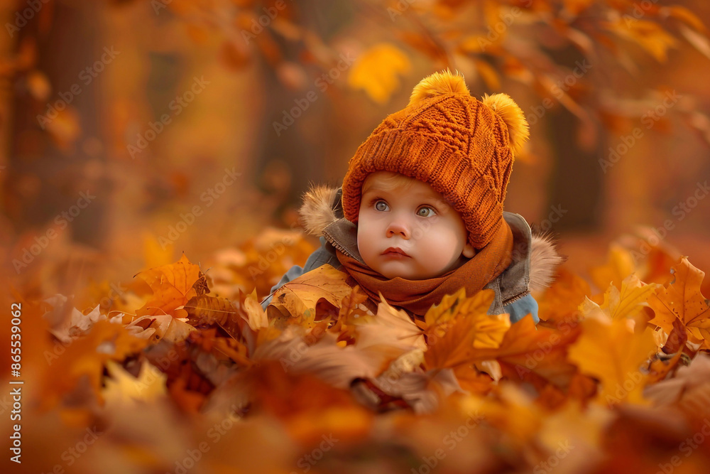Little boy in autumn mood surrounded by bright orange leaves outdoors. He is playing among the leaves, smiling, wearing a warm sweater and a hat that complement the autumn atmosphere. Little boy in autumn mood surrounded by bright orange leaves outdoors. He is playing among the leaves, smiling, wearing a warm sweater and a hat that complement the autumn atmosphere.
