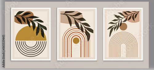 wall art vector set. Foliage line art drawing with abstract shape. Abstract Plant Art design for print, cover, wallpaper, Minimal and natural wall art. Vector illustration.