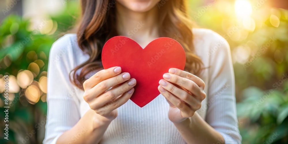 Woman Holding Red Heart in Nature - Love, Kindness, Care, Emotion, Symbol Woman Holding Red Heart in Nature - Love, Kindness, Care, Emotion, Symbol