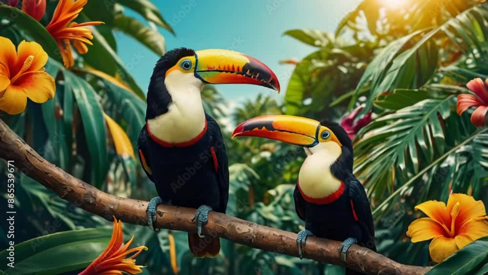 Beautiful toucan in tropical forest Brazil, flowers Beautiful toucan in tropical forest Brazil, flowers