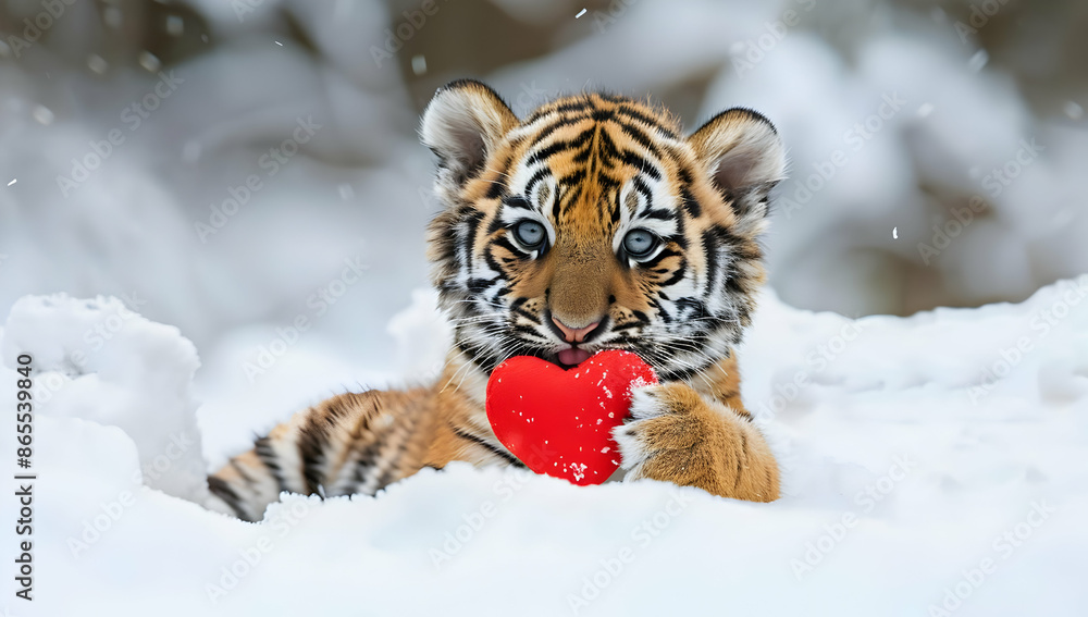 Obraz premium Adorable tiger cub holding a red heart in snowy surroundings, capturing a heartwarming moment of wildlife amidst the beauty of winter.