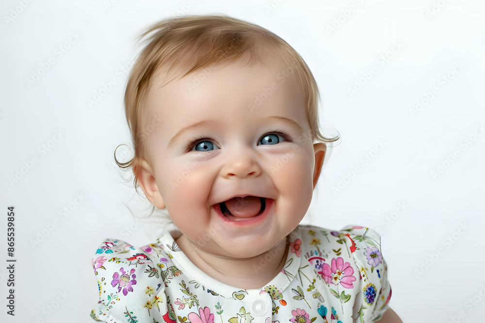 Adorable smiling baby in floral dress with bright blue eyes, isolated on white background. Perfect stock image for family and baby-related themes. Adorable smiling baby in floral dress with bright blue eyes, isolated on white background. Perfect stock image for family and baby-related themes.