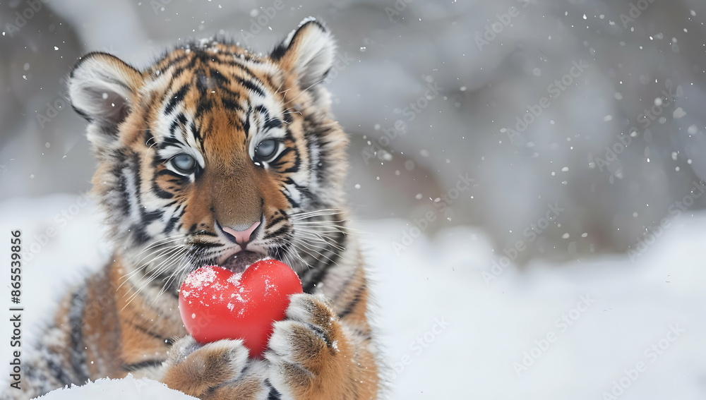 Obraz premium Adorable tiger cub holding a red heart-shaped object in the snow, capturing a heartwarming winter moment with nature's beauty.