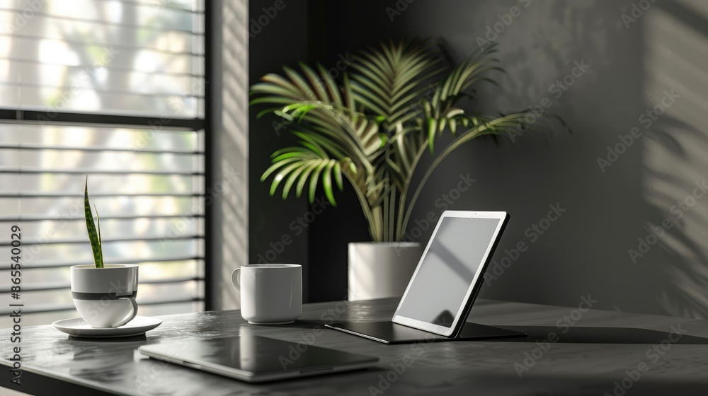 Fototapeta premium Minimalistic office setup with tablet coffee and plant on table