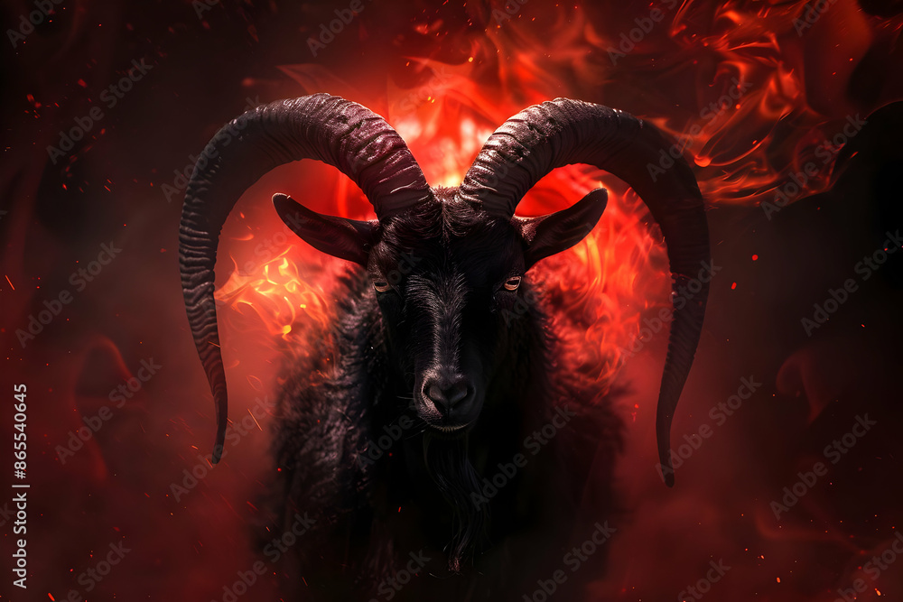 Dramatic image of a black goat with large horns surrounded by red flames and smoke, creating a dark fantasy atmosphere. Dramatic image of a black goat with large horns surrounded by red flames and smoke, creating a dark fantasy atmosphere.