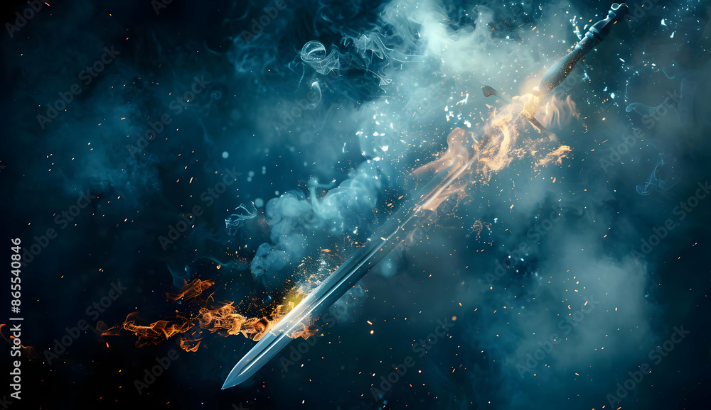 Epic fantasy artwork depicting a blazing sword cutting through deep blue smoke and flames, capturing a moment of magical intensity. Epic fantasy artwork depicting a blazing sword cutting through deep blue smoke and flames, capturing a moment of magical intensity.