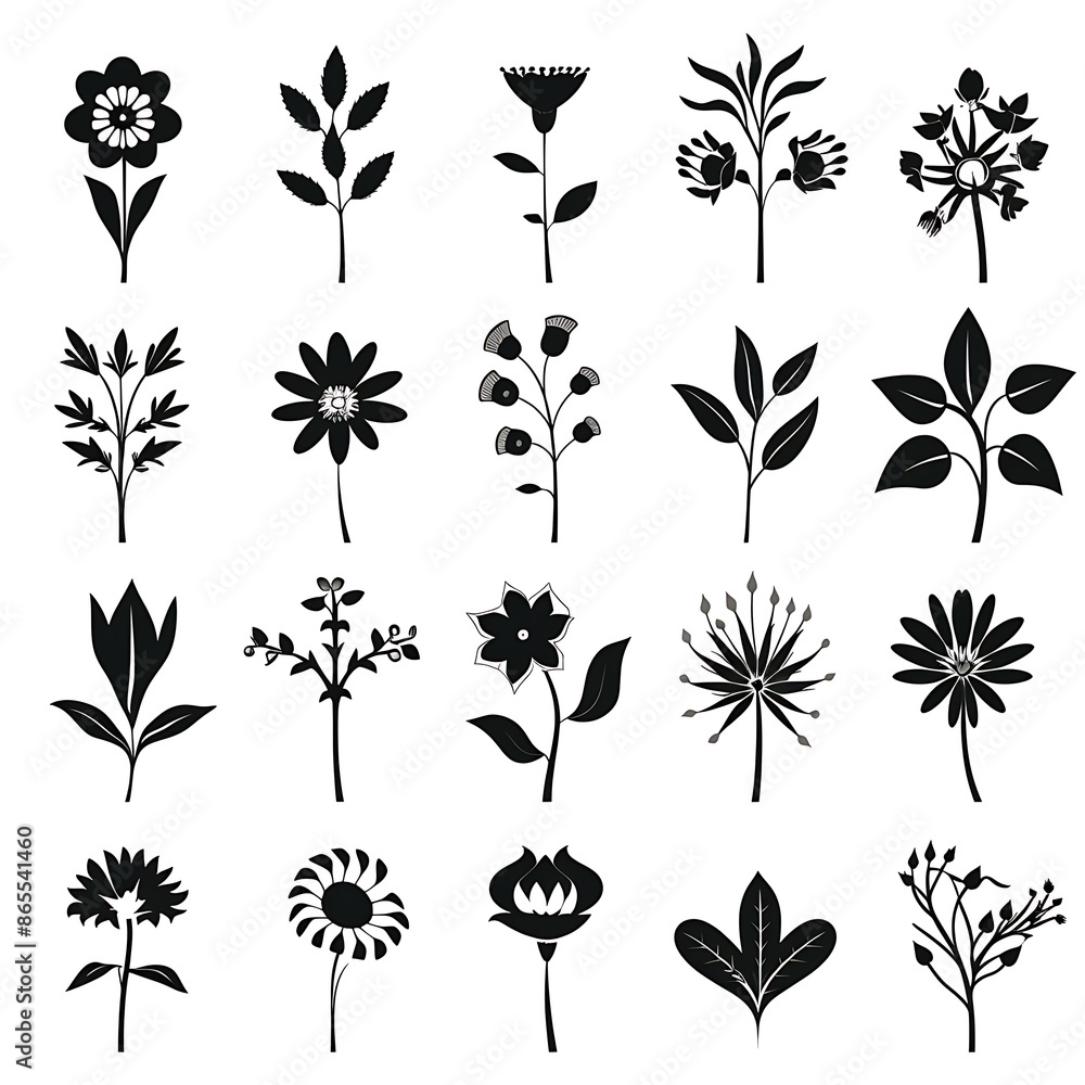 Set of black silhouettes of flowers and plants on a white background Set of black silhouettes of flowers and plants on a white background