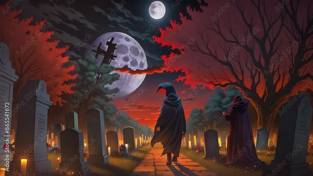 Hooded Figures in a Cemetery at Night 4K features an A.I. Generated ...