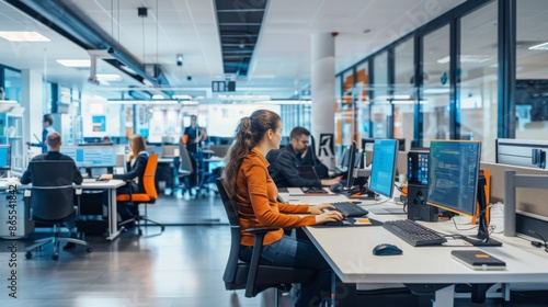 Fototapeta Naklejka Na Ścianę i Meble -  A woman in an orange shirt sits at a desk in an open office setting, typing on a computer keyboard. Other people are working in the background.