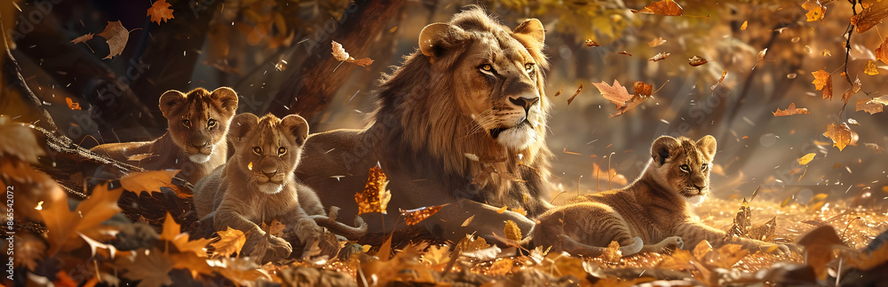 A majestic lion and three cubs rest amidst fall foliage, basking in the warm sunlight of an autumn forest. A majestic lion and three cubs rest amidst fall foliage, basking in the warm sunlight of an autumn forest.