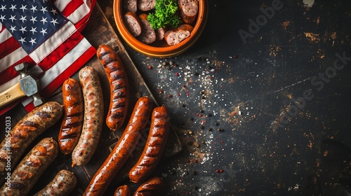 Labor Day BBQ featuring sausages and a hammer, American flag on left, right side for copy space for text, plain dark background for ads