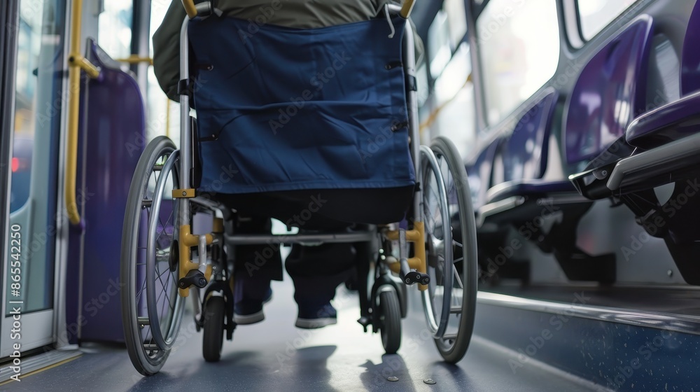 A person in a wheelchair is getting on a bus. The person is wearing a black jacket A person in a wheelchair is getting on a bus. The person is wearing a black jacket