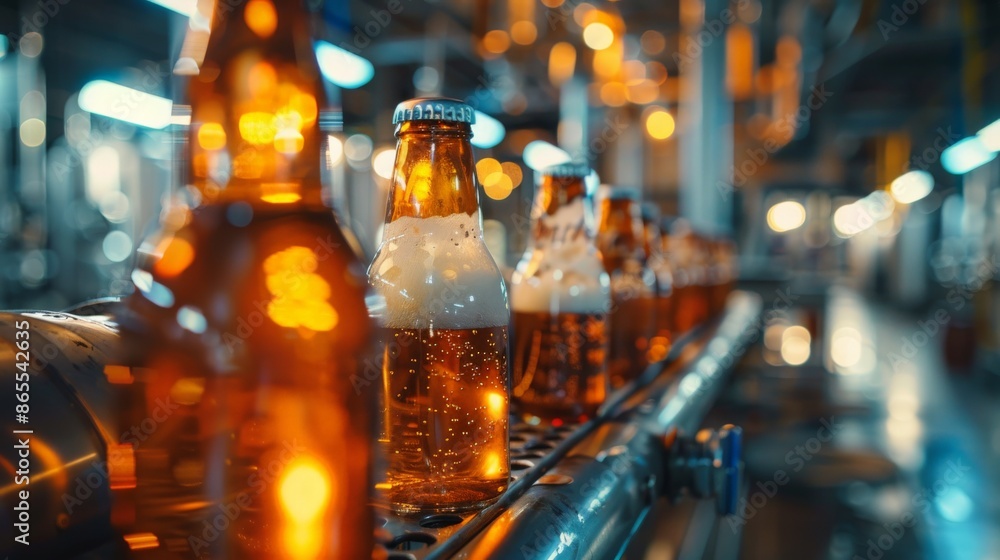 Close up of beer bottles on a production line Close up of beer bottles on a production line