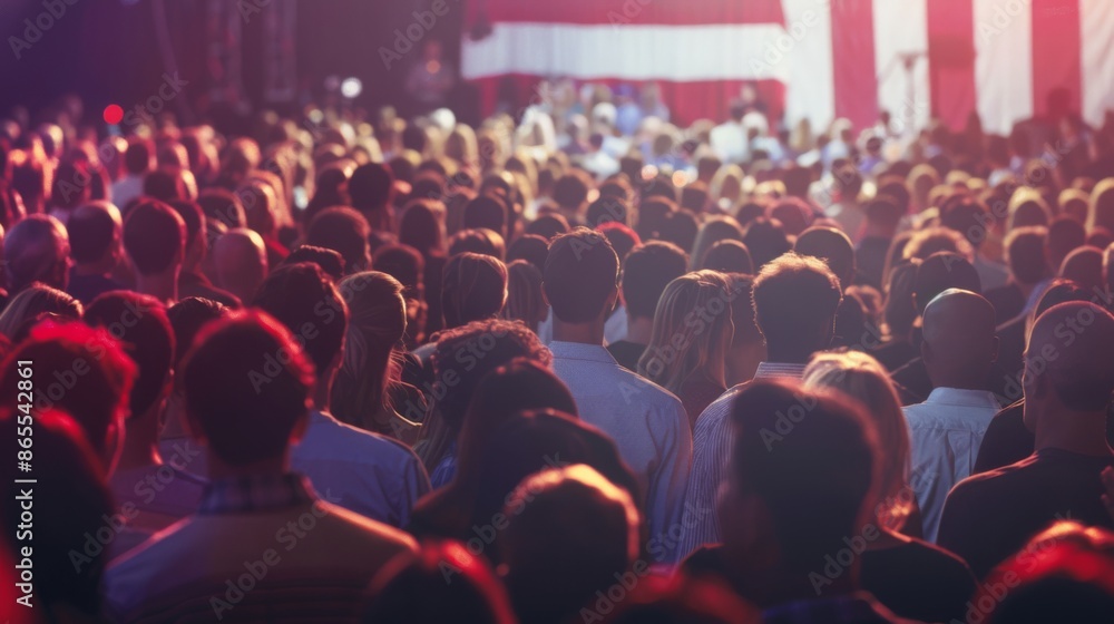 Obraz premium A large crowd of people gather at an event at night, facing a stage with a red and white banner. The crowd is mostly obscured, but you can see many heads and backs of attendees.