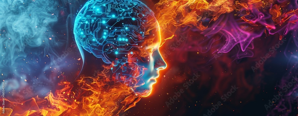 A futuristic background features an AI head and digital circuit patterns on the left side of the composition, surrounded by glowing blue flames. A futuristic background features an AI head and digital circuit patterns on the left side of the composition, surrounded by glowing blue flames.