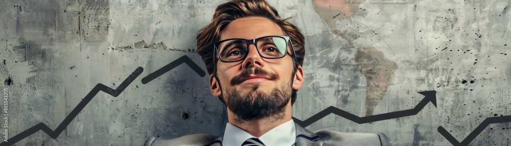 Confident businessman in suit and glasses with upward stock growth chart background, representing success and progress.