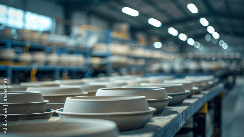Obraz premium Rows of pristine white bowls line a production line in a factory
