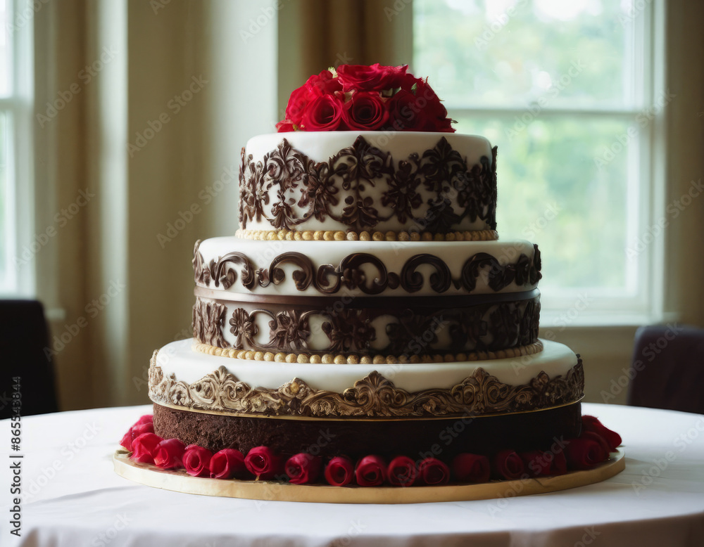 Una torta di matrimonio con strati alternati di crema e cioccolato. Una torta di matrimonio con strati alternati di crema e cioccolato.