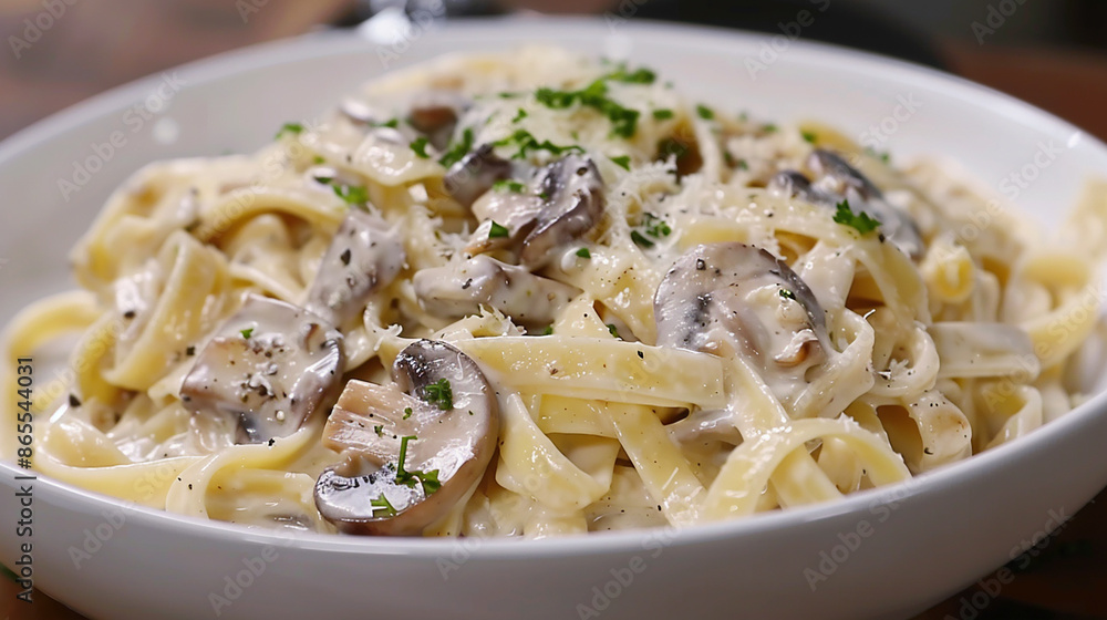 A close-up of creamy pasta with mushrooms in a white sauce, garnished with parsley. A delicious and comforting meal perfect for an indulgent dining concept. A close-up of creamy pasta with mushrooms in a white sauce, garnished with parsley. A delicious and comforting meal perfect for an indulgent dining concept.