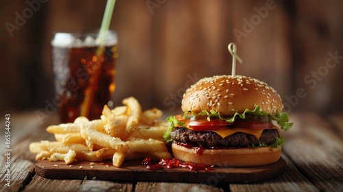 Hamburger with fries and soda in a studio setting with wooden background photo