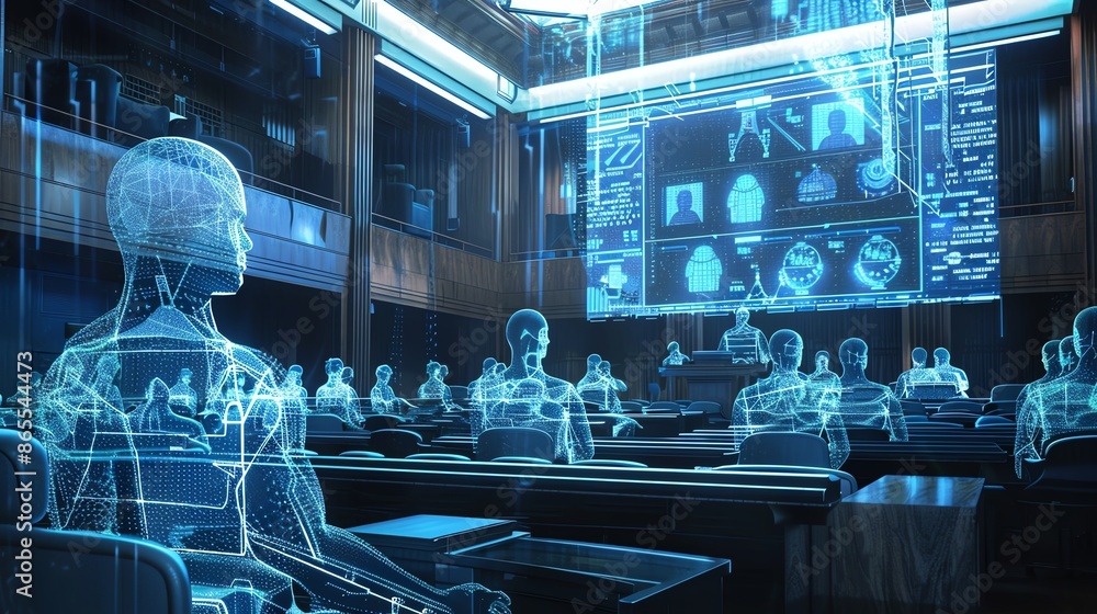 A futuristic classroom with holographic students and a large screen displaying a lesson.
