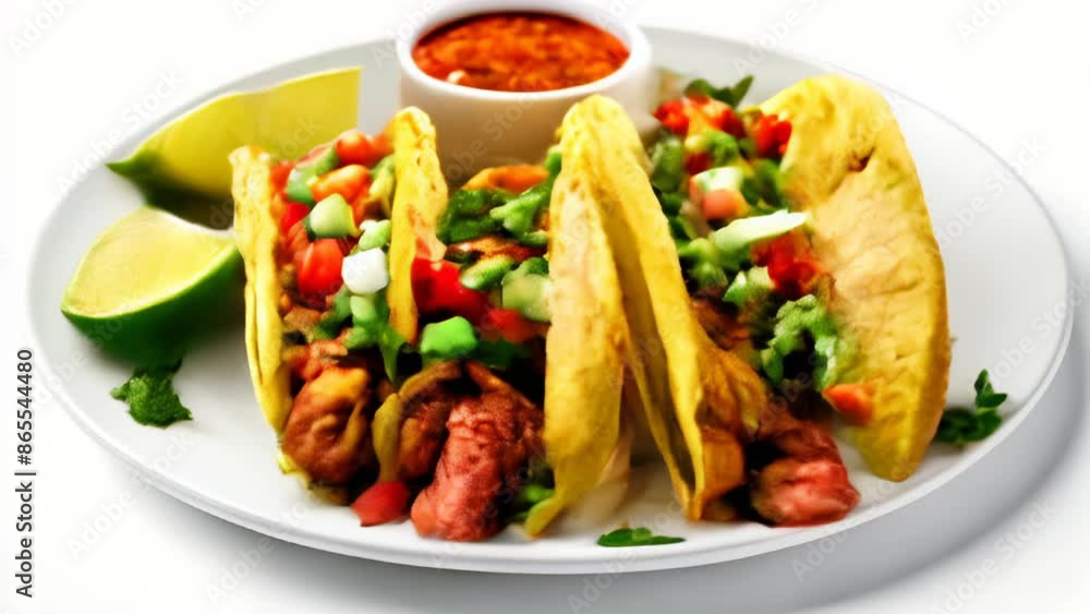Deliciously fresh tacos with vibrant toppings and a side of salsa Deliciously fresh tacos with vibrant toppings and a side of salsa