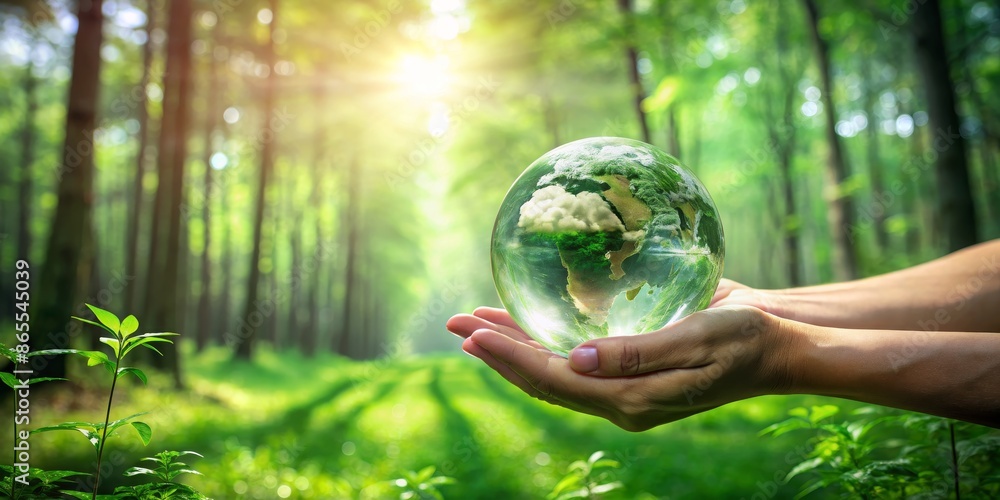 Hands Holding Earth Globe in Green Forest with Sunbeams Hands Holding Earth Globe in Green Forest with Sunbeams
