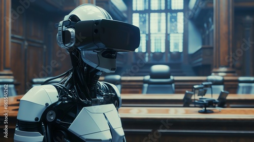 A futuristic robot wearing a VR headset stands in a courtroom. The robot is facing the judge's bench. The image depicts the potential for AI in law and justice. photo