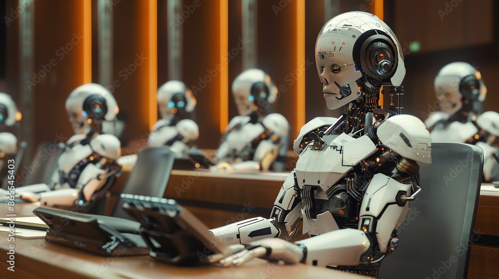 A futuristic scene of humanoid robots gathered around a conference table, working together. The image is a representation of AI and automation in the workplace. A futuristic scene of humanoid robots gathered around a conference table, working together. The image is a representation of AI and automation in the workplace.