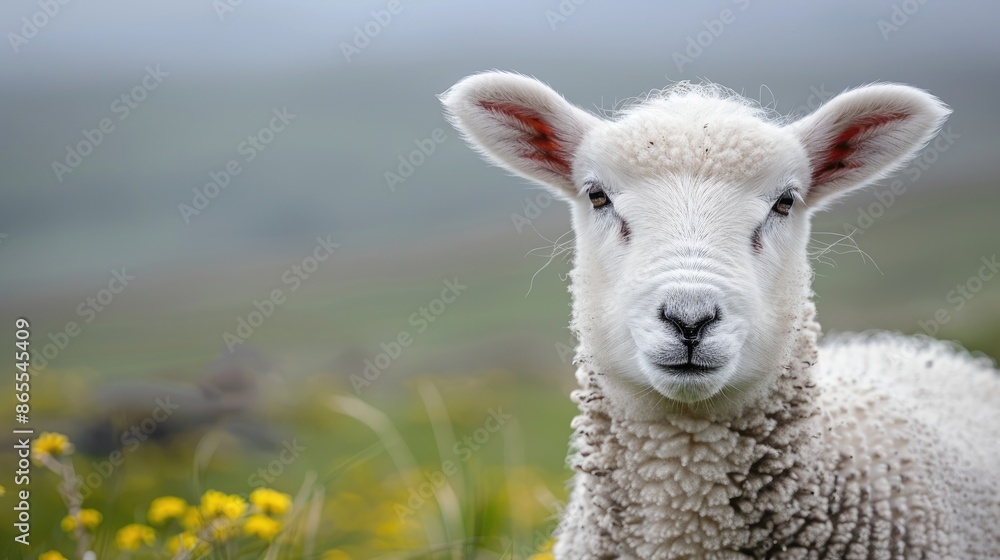 Close up of juvenile Dalesbred sheep in spring on lush moorland Nidderdale Yorkshire Horizontal with free space