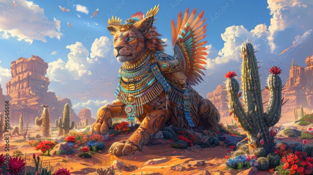 Fototapeta premium Fantasy creature with armor resting in a colorful desert landscape.