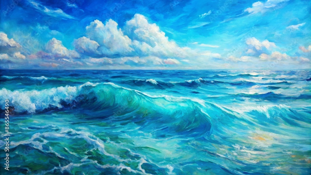 Oil Painting of Ocean Waves with Blue Sky and Clouds Oil Painting of Ocean Waves with Blue Sky and Clouds
