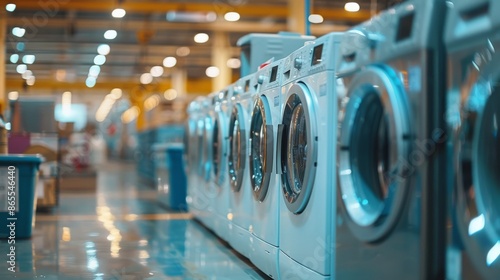 A line of washing machines in a warehouse setting photo