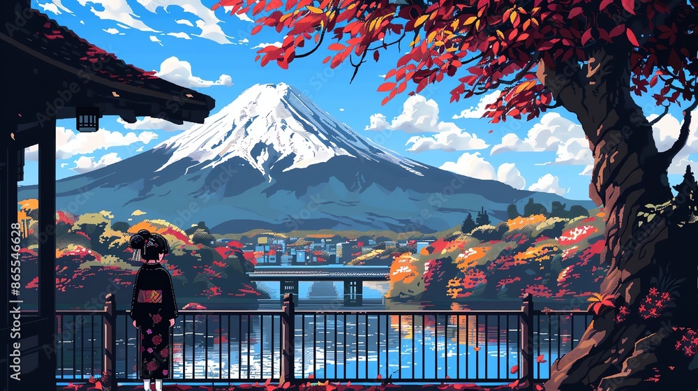 Naklejka premium A woman in a kimono stands at a railing overlooking a serene view of Mount Fuji, with vibrant autumn foliage and a bridge in the foreground.