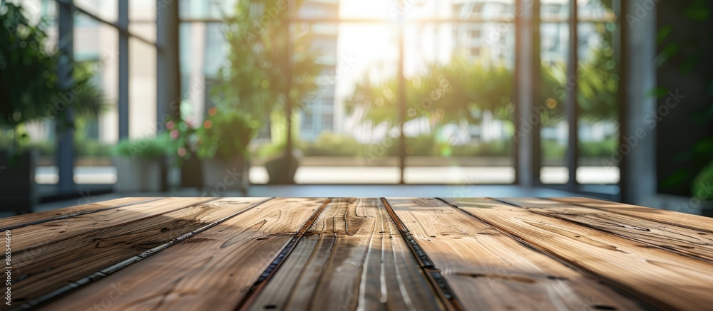 Wooden table top with a blurred glass window wall building banner in the background - suitable for showcasing or editing your items. Wooden table top with a blurred glass window wall building banner in the background - suitable for showcasing or editing your items.