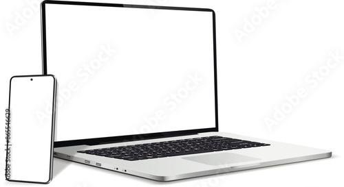 Laptop computer and smart phone with empty display, realistic device screen mockup