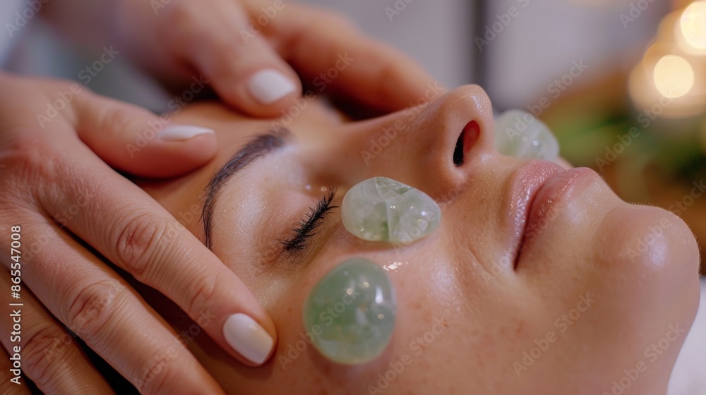 A woman is lying on a massage table, receiving a facial massage with jade stones. Her eyes are closed, and her skin appears relaxed and smooth. A woman is lying on a massage table, receiving a facial massage with jade stones. Her eyes are closed, and her skin appears relaxed and smooth.