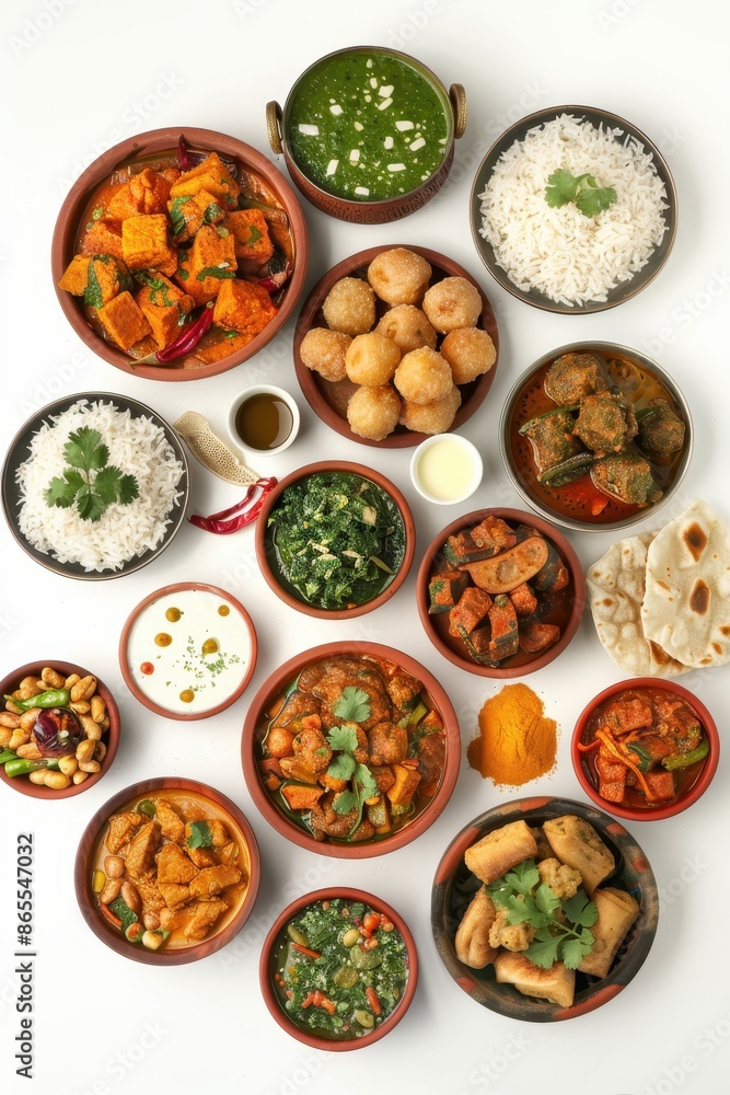 A variety of Indian food is displayed in bowls on a white background. The bowls are filled with different types of food, including rice, vegetables, and sauces. Scene is one of abundance and variety A variety of Indian food is displayed in bowls on a white background. The bowls are filled with different types of food, including rice, vegetables, and sauces. Scene is one of abundance and variety