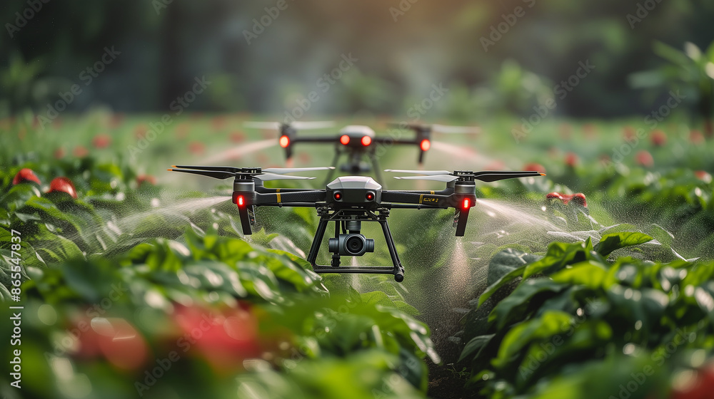 Drone Spraying Water on Crops in Field Drone Spraying Water on Crops in Field