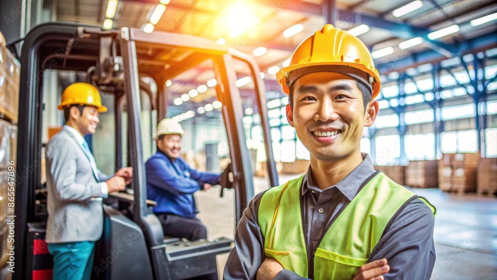 Smiling Asian Warehouse Worker with Forklift in Background Smiling Asian Warehouse Worker with Forklift in Background