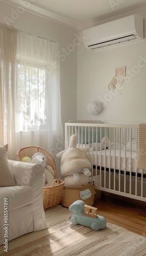 Cozy Nursery with Air Conditioner, Neutral Tones, Crib, and Plush Toys for Baby Comfort